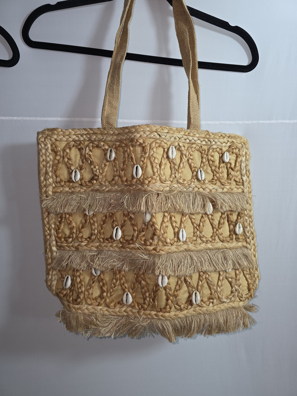 Boho Shell-Embellished Straw Tote in Beige